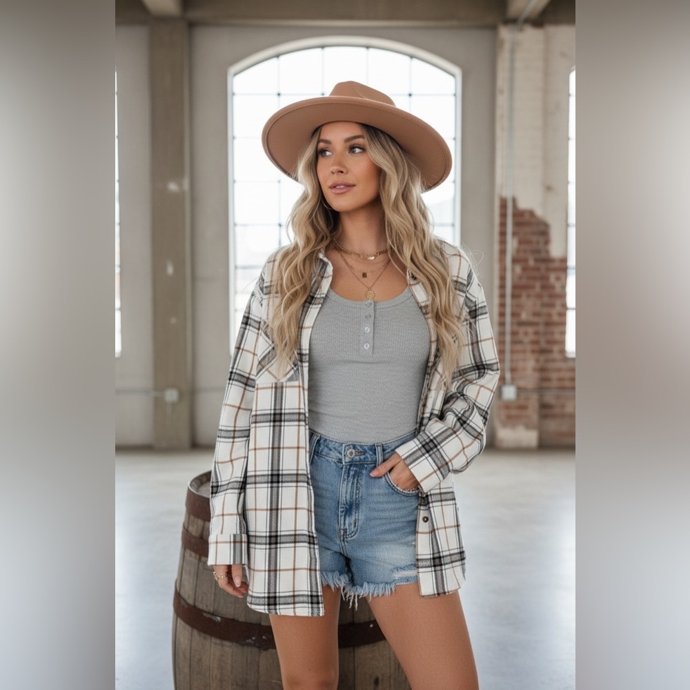 La Miel Plaid Flannel Button Down Bone Shirt